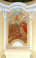 Kamenný oltář a nástěnná oltářní malba Nalezení sv. Kříže sv. Helenou a biskupem Cyriakem